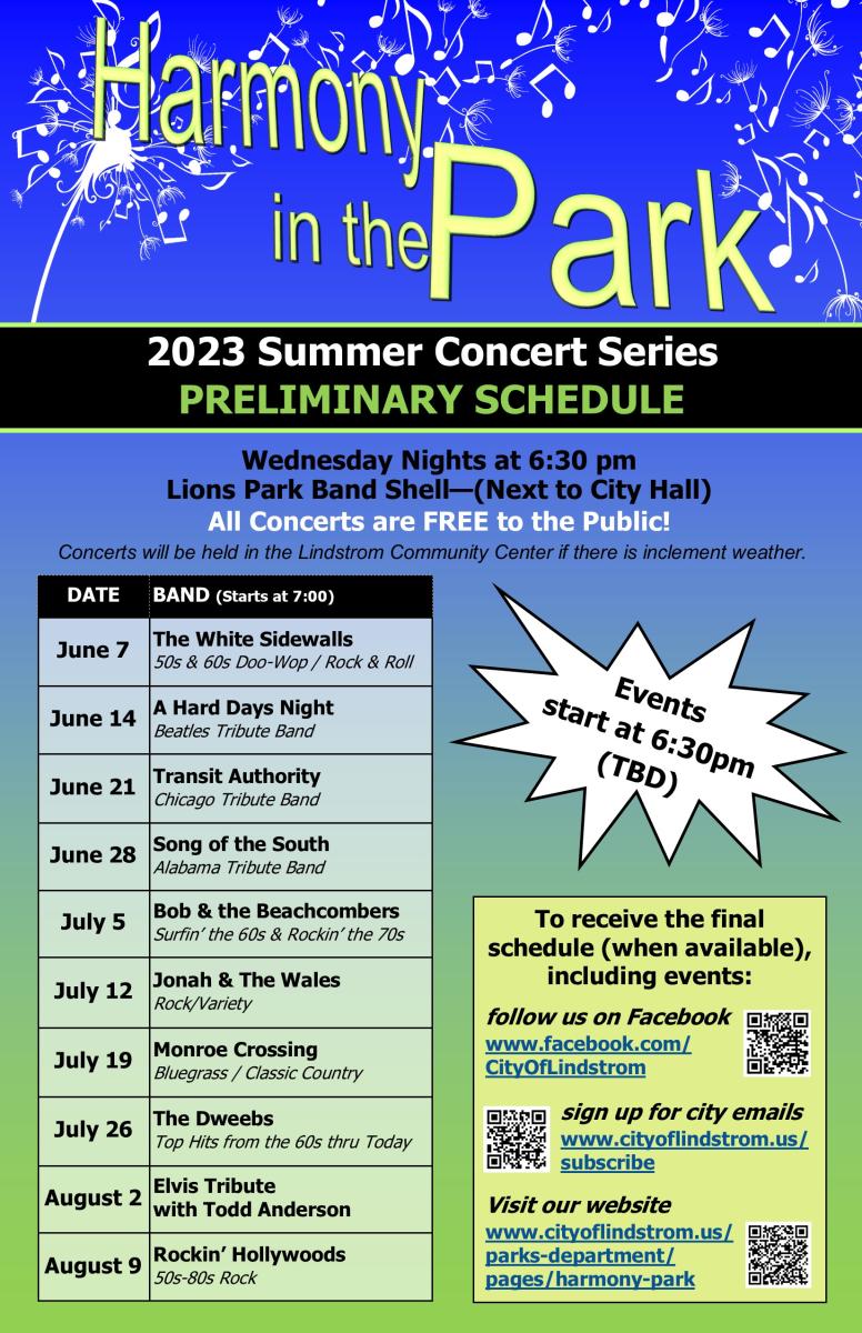 2023 Harmony in the Park Preliminary Schedule